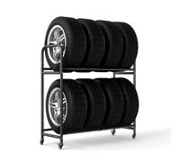 BAOYOUNI Adjustable Tyre Storage Rack Mobile 2-Tier Tire Stand for 8 Tyres | Heavy Duty Steel Car Wheels Holder Space-Saving Tire Display Stand for Workshop, Garage, Repair Shop, (63-108) X 39 X 112cm