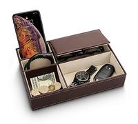 Baoyun Father‘s Day Gift Mens Valet Tray Organizer, Mens Jewelry Box, Nightstand Organizer with 5 Compartments, Dresser Faux Leather Storage Box for Wallet, Phone, Keys, Gifts for Dad, Men, Husband