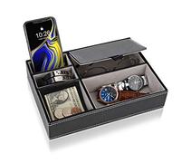 Baoyun Mens Valet Tray Organizer, Mens Jewelry Box, Nightstand Organizer with 5 Compartments, Dresser Faux Leather Storage Box for Wallet, Phone, Keys (Black & Grey)