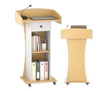 Baoz Podium Stand - Portable Pulpit with Lockable Wheels- Teacher Lectern for Churches with Adjustable Shelf Mobile Rolling Podium for Church, Classroom, Office, Reception (Yellow White)