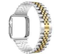 baozai Compatible Apple Watch Bands 42mm Series 11/10, Stainless Steel Band with Glass Screen Protector Case for Apple Watch Series 10/9/8/7/6/5/4/3/2/1/SE, 42mm Series 11/10, Silver/Gold