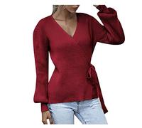 baoziciy Womens Loose Sweaters Sexy V Neck Soft Criss Cross v Neck Knit Sweaters for Women Long Sleeve Ribbed Knit Sweater Wrap Front Loose Sweater Pullover Jumper Tops Red S