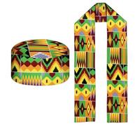 BAOZOON 2 Pcs African Kente Pattern Kufi Hat and Kente African Print Stole Sash Shawl for Black African History Men Women Kid, Bright Style, One size