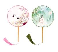 BAOZOON 2 Pcs Silky Translucent Ancient Round Fan Classic Silk Hand Held Fan Floral Pattern Palace Paddle Dance Fan with Tassel Wooden Handle Wedding Favor Gift Home Decor(Color#6)