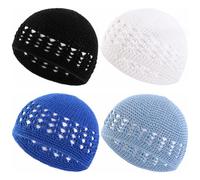 BAOZOON 4 Pcs Knit Kufi Hats Crochet Beanie Skull Caps Solid Colors Knitted Hats Muslim Crochet Caps for Men Women Teens, Black White Royal Blue Light Blue, One size