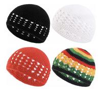 BAOZOON 4 Pcs Knit Kufi Hats Crochet Beanie Skull Caps Solid Colors Knitted Hats Muslim Crochet Caps for Men Women Teens, Black White Colorful Red, One size