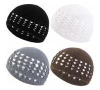 BAOZOON 4 Pcs Knit Kufi Hats Crochet Beanie Skull Caps Solid Colors Knitted Hats Muslim Crochet Caps for Men Women Teens, Black White Gray Brown, One size