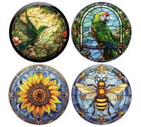 BAOZOON 4 Pieces Stained Glass Window Clings Anti-Collision Bird Sunflower Bee Window Clings Decals Removable Non Adhesive Vinyl Cling Window Stickers Window Decoration Decals