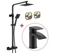 Bap Matt Black Thermostatic Mixer Shower Set Square Black Twin Head Exposed + Tap By Buyaparcel