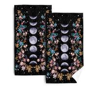 Bapcoku Witchy Black Kitchen Dish Towels Luna Moon Phases Boho Floral Botanic Hand Towels Gothic Bohemian Flower Decor Gifts 16"x24" Absorbent Drying Cloth Tea Towels Set of 2