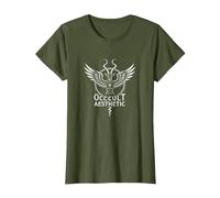 Baphomet Occult Aesthetic Winged Goat Mystical Art T-Shirt, Women, Olive, L