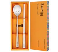 BAPMOO Korean Chopsticks and Spoon Set Combinations Reusable Long Handle Metal Stainless Steel Good for Gift Happy Face & Hangul Characters Engraved Silver