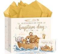 "Baptism Day" Religious Gift Bag, Large Blue Christian Wrap Set with Greeting Card & Tissue Paper, Elegant Party Favor Bag for Baby Boy First Communion, Christening, or Birthday Celebrations