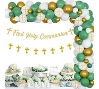 Baptism Decorations Green Gold, First Holy Communion Decorations with Sage Green and Gold Balloon Garland Kit Cross Balloons Banner for First Communion Confirmation Decor