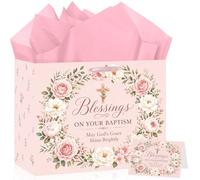 Baptism Gift Bag with Pink Tissue Paper and Greeting Card, Blessings on Your Religious Christian Present Bag with Handles, Golden Cross and Watercolor Rose Floral Wreath Wrapping Set for Girls