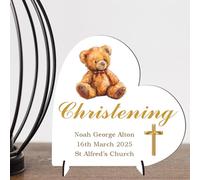 Baptism Gift for Boys & Girls - Personalised Christening, Communion or Confirmation Heart Plaque - Custom Baby Keepsake with Teddy Bear (Christening, MDF Wood - Large - 19cm x 18.5cm)