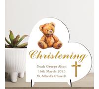 Baptism Gift for Boys & Girls - Personalised Christening, Communion or Confirmation Heart Plaque - Custom Baby Keepsake with Teddy Bear (Christening, MDF Wood - Medium - 13.5cm x 13cm)