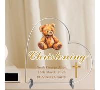 Baptism Gift for Boys & Girls - Personalised Christening, Communion or Confirmation Heart Plaque - Custom Baby Keepsake with Teddy Bear (Christening, Acrylic - Medium - 13.5cm x 13cm)