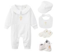 Baptism Outfits for Boys Soft Cotton Baptism Boy Outfit with Hat, Bib, Socks, Shoes Long Sleeve Christening White Suit 80cm
