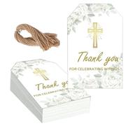Baptism Thank You Tags 50 Pcs Cross Thank You for Celebrating with Us Paper Tags - God Blessed Gift Tag with String Gold Foil Greenery Card Religious Party Favor Tag for Spanish Party (Greenery)