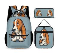 Baquito Hound Dog Backpack with Lunch Box Pencil Case for Kids Age 8, Puppy Animal School Backpack 3 Piece Set Year 1-2 for Boys Outdoor Learning Family Trips and Weekend Adventures