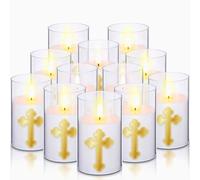 Baquler 12 Pcs LED Flameless Prayer Candle 7 Day Sanctuary Candles Bulk Religious Candle Battery Powered Catholic Cross Candle Flameless Devotion Prayer Candle for Church Hospitals Home 2.95 × 5 inch