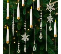 Baquler 12 Set Christmas Tree Candles with Hanging Acrylic Snowflake Icicle Ornaments Flameless Taper LED Candle Flickering Clip Light Candlestick with Remote Timer for Xmas Wedding Party Decor