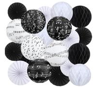 Baquler 18 Pcs Music Party Decoration Music Notes Hanging Paper Lanterns Black and White Paper Fans Honeycomb for Prom Rock Roll Concert 50's Theme Party Classroom Decoration