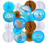 Baquler 18 Pcs Travel Party Decoration Around The World Bon Voyage Hanging Paper Lantern Let The Adventure Begin Themed Paper Fans Honeycomb Ball for Birthday Baby Shower Party Ceiling Decor Supplies