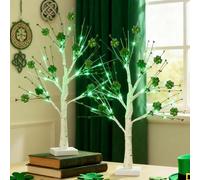 Baquler 2 PC St Patricks Day LED Lighted Birch Trees with Shamrock Clover Picks Artificial Pre Lit Tabletop Decor 24 Inch Irish Themed Centerpiece for Home Indoor Party Festival Table Decorations