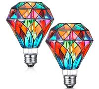 Baquler 2 Pcs Stained Glass LED Light Bulb E26 Base A60 Colorful Lightbulb 120V Flickering Lightbulb Bulbs for Christmas Xmas Home Balcony Garden Party Decoration(Diamond Shape, 6W)