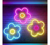 Baquler 3 Pcs Flower Neon Sign Flower Neon LED Lights USB Powered Summer Retro Light up Sign for Wall Window Bedroom Home Wedding Birthday Party Decoration Girls, 9 x 9 Inches(Classic)