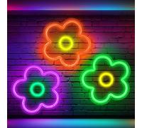 Baquler 3 Pcs Flower Neon Sign Light up Flower Sign Retro Neon LED Lights USB Powered for Wall Decor Window Bedroom Home Girls Birthday Christmas Party Decoration, 9 x 9 Inches(Bright)