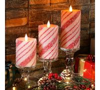 Baquler 3 Pieces Flameless LED Candy Cane Stripes Candles (6 Inch) Christmas Candles with Red Glitter Strip for Christmas Party Wedding Home Decoration (Thin Strips)