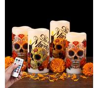Baquler 4 Pcs Halloween Day of The Dead Flameless Candles Dia De Muertos Decor Eid Mubarak LED Battery Operated Candles Candlelights with Remote Mexican Candle for Bedroom Living Room Ofrenda Decor