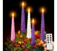 Baquler 5 Pcs Christmas Tree Flameless Taper Candles Flickering with Remote Timer 10 Inch LED Flameless Advent Candle Set Purple Pink White Taper Candles for Church Advent Wreath (No Batteries)