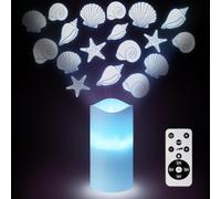 Baquler Beach Flameless Candle Coastal Decor Projector Light Seashell Ocean LED Candle Battery Operated Night Light with Remote Timer Bedroom Last Toast on The Coast Wedding Summer Gift(Summer Ocean)
