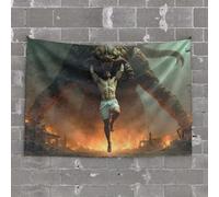 Bar Accessories Man Cave A Muscular Man is Being Lifted by A Giant Monster in A Burning City Tapestry Tapestry for Men Aesthetic Stuff(100X150CM)