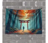 Bar Accessories Man Cave A Person Stands Under A Red Torii Gate in an Autumn Forest Tapestry Tapestry for Men Aesthetic Stuff(100X150CM)