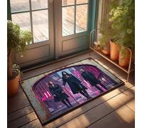 Bar Accessories Man Cave Urban Mystique: Three Figures In A Neon-Lit Cityscape Doormat Room Stuff Fall Decor Outdoor(40X60CM)