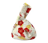 BAR AUTOTECH Stylish Cotton Japanese Pattern Wrist Bag Sleeve Knot Pouch Portable Canvas Tote Purse for Female, Women, Red Flowers & Yellow Wave, Water-Resistant Fabric