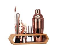 Bar Bartender Tool Kit Measures Cocktail Shaker Wooden Rack Set 10-Piece Stainless Steel Cup Complete of Storage Cocktail Muddler(C)