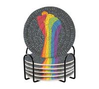 Bar Coaster for Drinks, Mugs Coil Woven Coasters Holder Pad 3.94 in with Metal Rack Thickness 0.24 in Rainbow Colored Hand with a Fist Raised up with Rays on Dark Blue