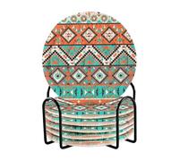 Bar Coaster for Drinks, Mugs Coil Woven Coasters Holder Pad 3.94 in with Metal Rack Thickness 0.24 in Seamless Navajo Tribal Ethnic Turquoise Orange White Pattern