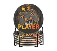 Bar Coaster for Drinks, Mugs Coil Woven Coasters Holder Pad 3.94 in with Metal Rack Thickness 0.24 in Orange Grey Game Joystick The Best Player on Dark