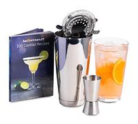 bar@drinkstuff Basic Cocktail Shaker Set with Cocktail Book Cocktail Set with Professional Boston Cocktail Shaker Tin & Glass, Jigger Measure & Hawthorne Cocktail Strainer - Affordable Gift Set