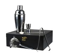 bar@drinkstuff Manhattan Nights Cocktail Gift Set in Wooden Gift Box Cocktail Shaker, Cocktail Strainer, Jigger Measure, Drinks Stirrer, Ice Tongs