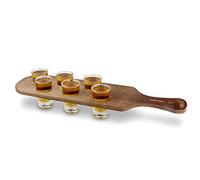bar@drinkstuff Pine Shot Paddle Board with 6 City Shot Glasses - Drinks Paddle with Shot Glasses