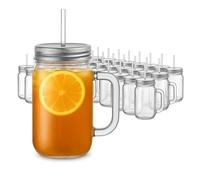 bar@drinkstuff Plastic Mason Jar Cups with Lids & Straws Set of 24 - 20oz/568ml BPA Free Reusable Drinking Jars for Iced Coffee, Cocktails & Parties