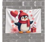 Bar For Man Cave A Cute Penguin With A Heart-Shaped Balloon And Flowers. Tapestry Outdoor Bar Decor Man Cave Decorations(100X150CM)
